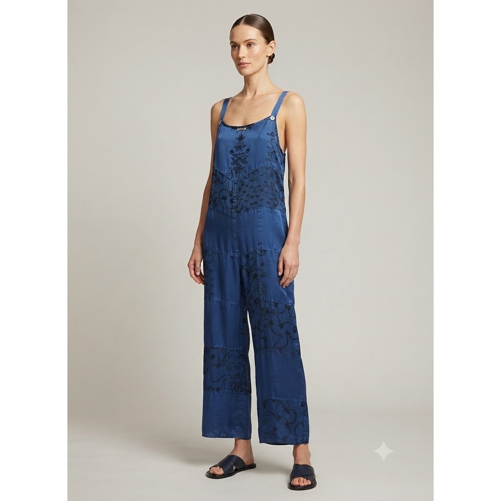 The Pyramid Collection Navy Blue Patchwork Embroidered Boho Rayon Overalls Med